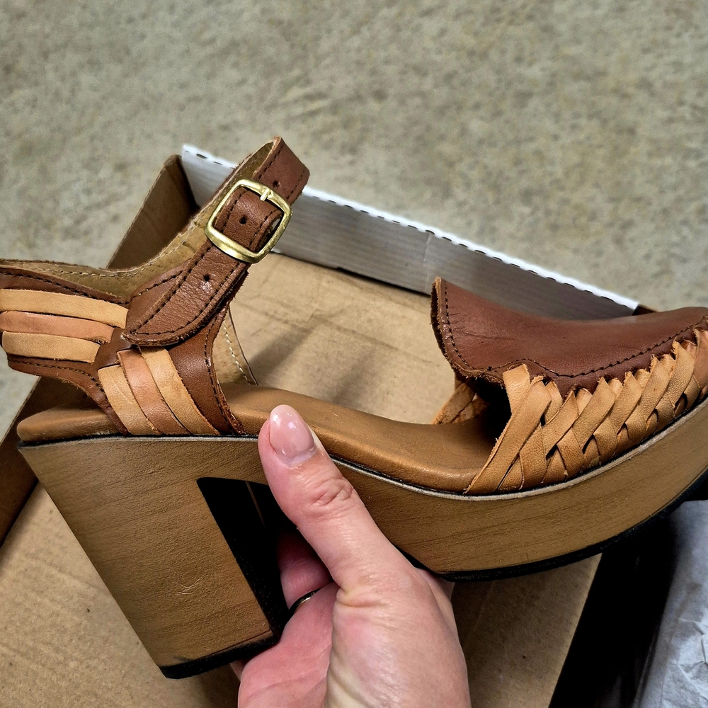 Woven Leather Block Heel Sandals - Women's Brown Heels - Picture 5 of 8